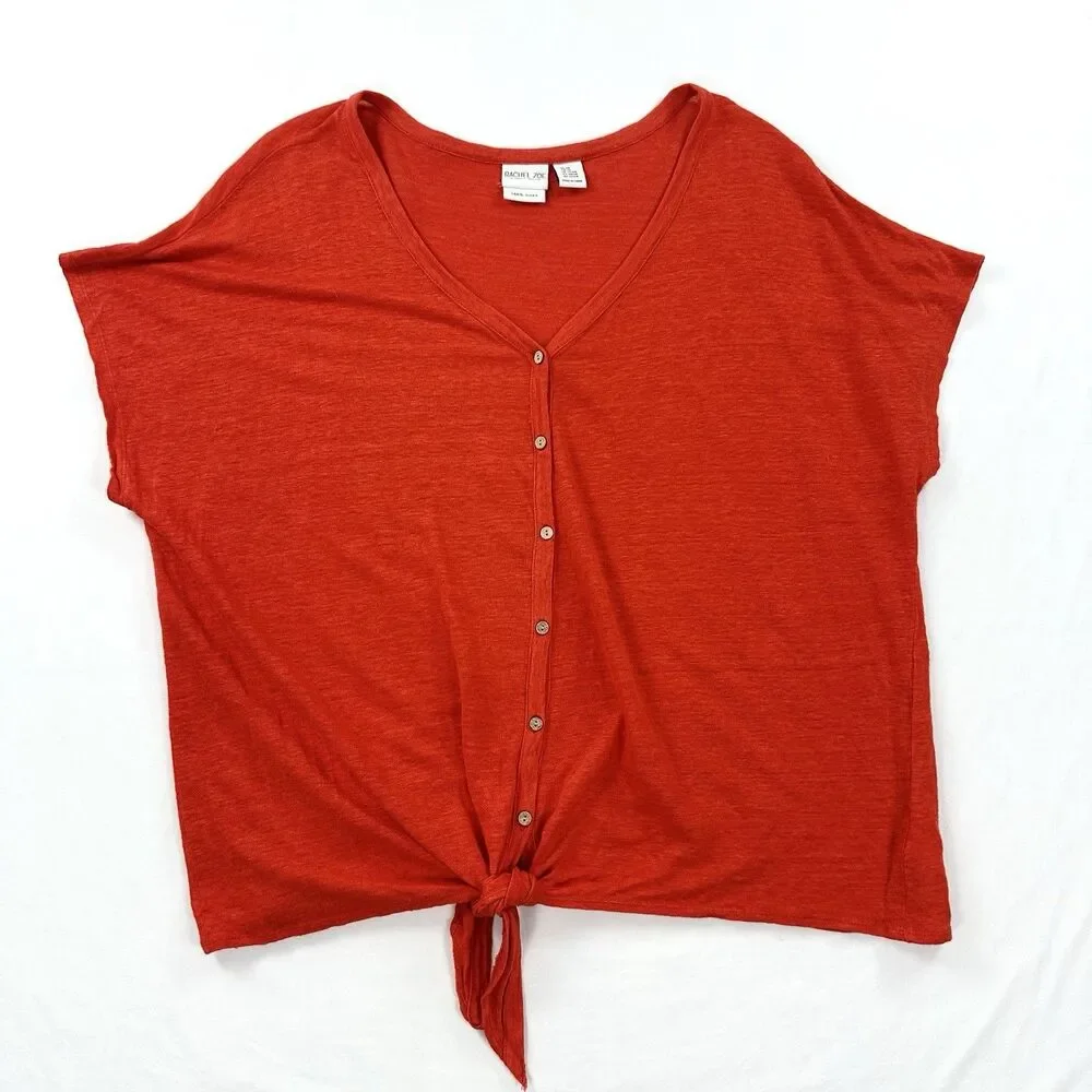 Rachel Zoe Linen Top Womens 2X Orange Red Blouse Tie Front Button Up Colorful - Picture 3 of 10